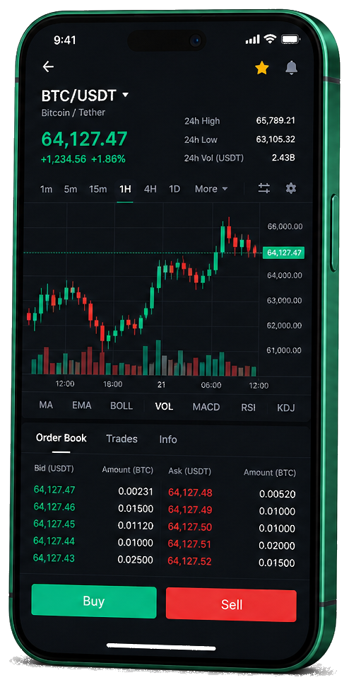 Argenthelvetis Prime plataforma móvil de trading — gráficos en vivo BTC/USDT, libro de órdenes e interfaz para comprar/vender